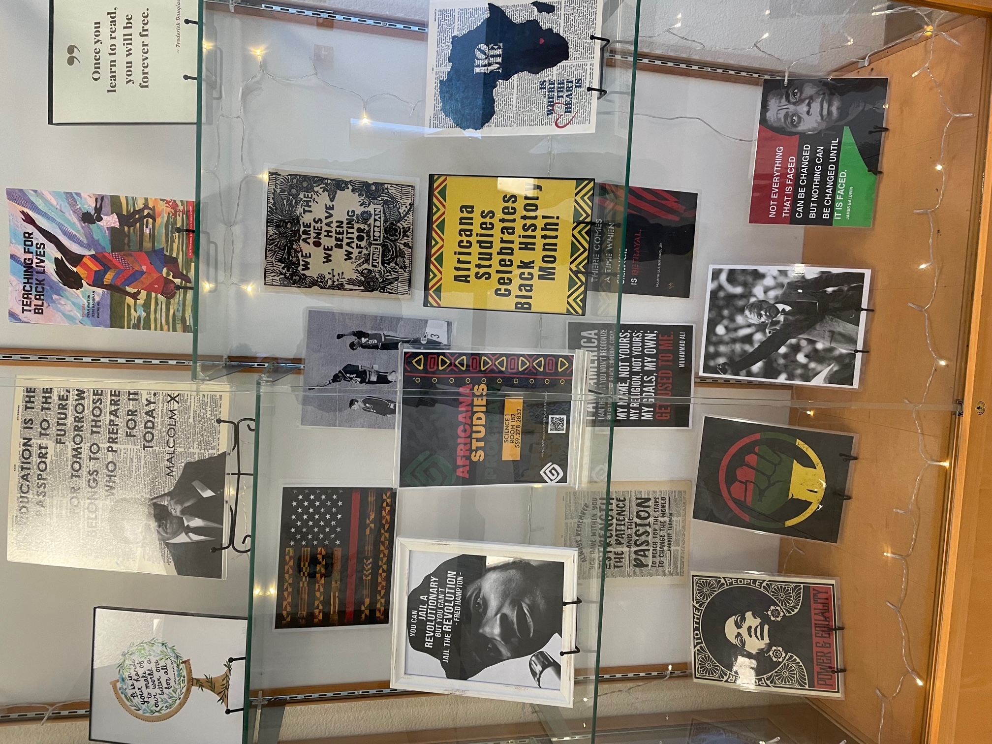 Photo of Black History Month display case featuring various photos and books.