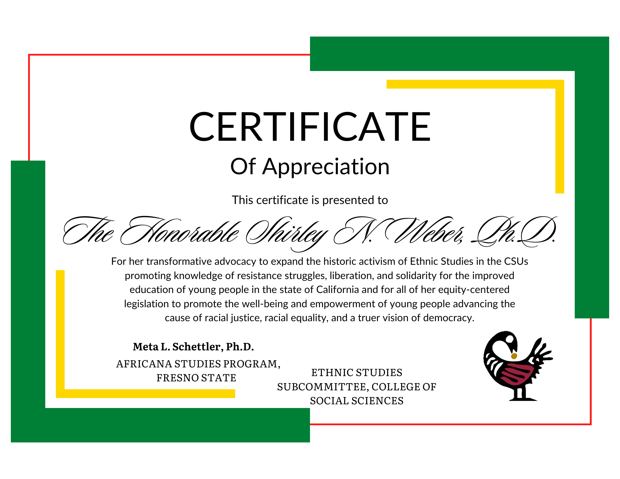 Certificate of Appreciation for Dr. Weber