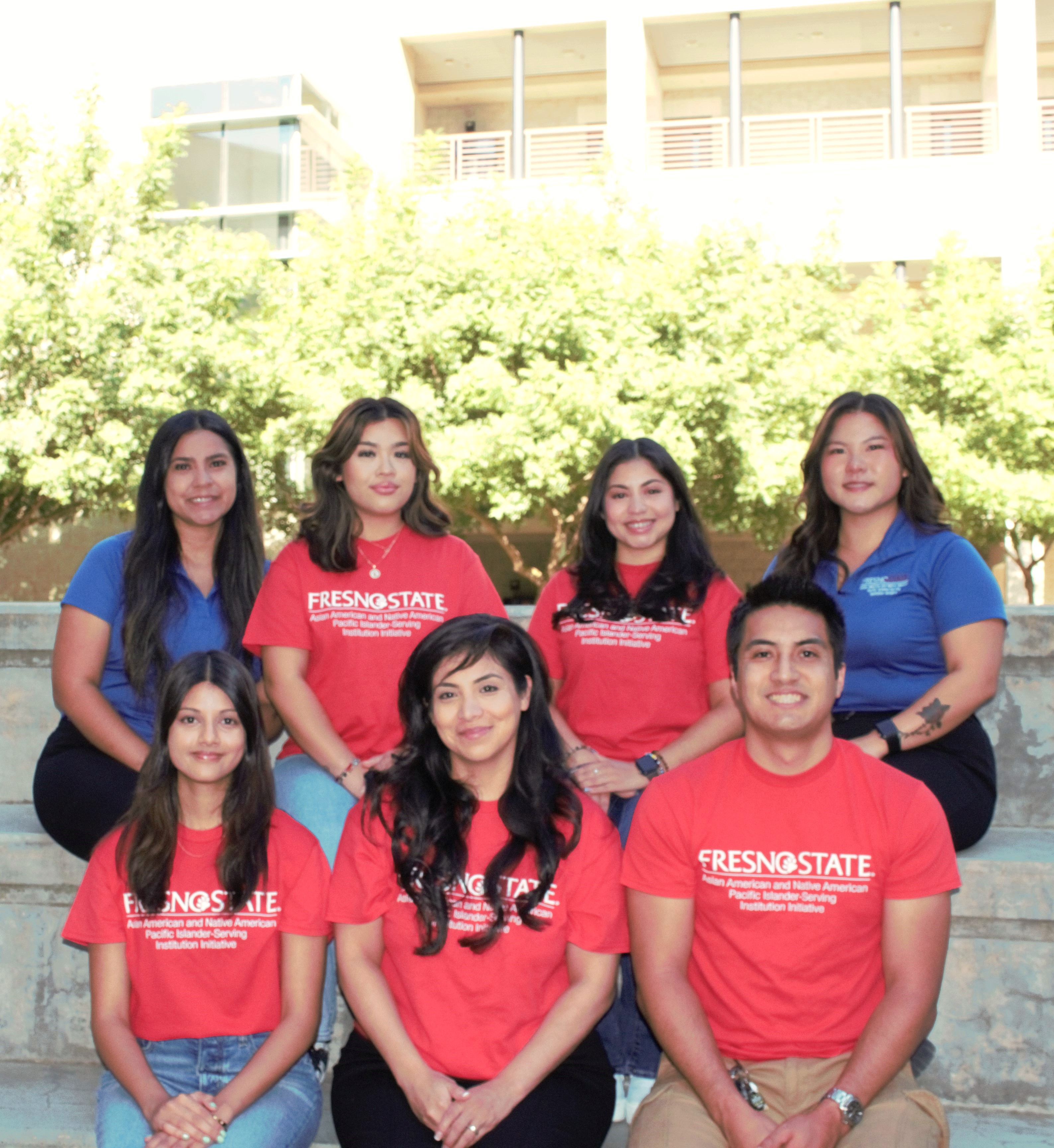 A photo of the Asian American and Pacific Islander in Criminology (AAPIC) Peer Mentors, Abigail Formoso, Leslie Ortiz-Escalera, Nikita Nissi Moritra, Danyelle Sada, and Isaiah Abat. With the Work-Based Learning Experiences Coordinator, Samantha Bautista and the Student Success Project Coordinator, Lisa Xiong 